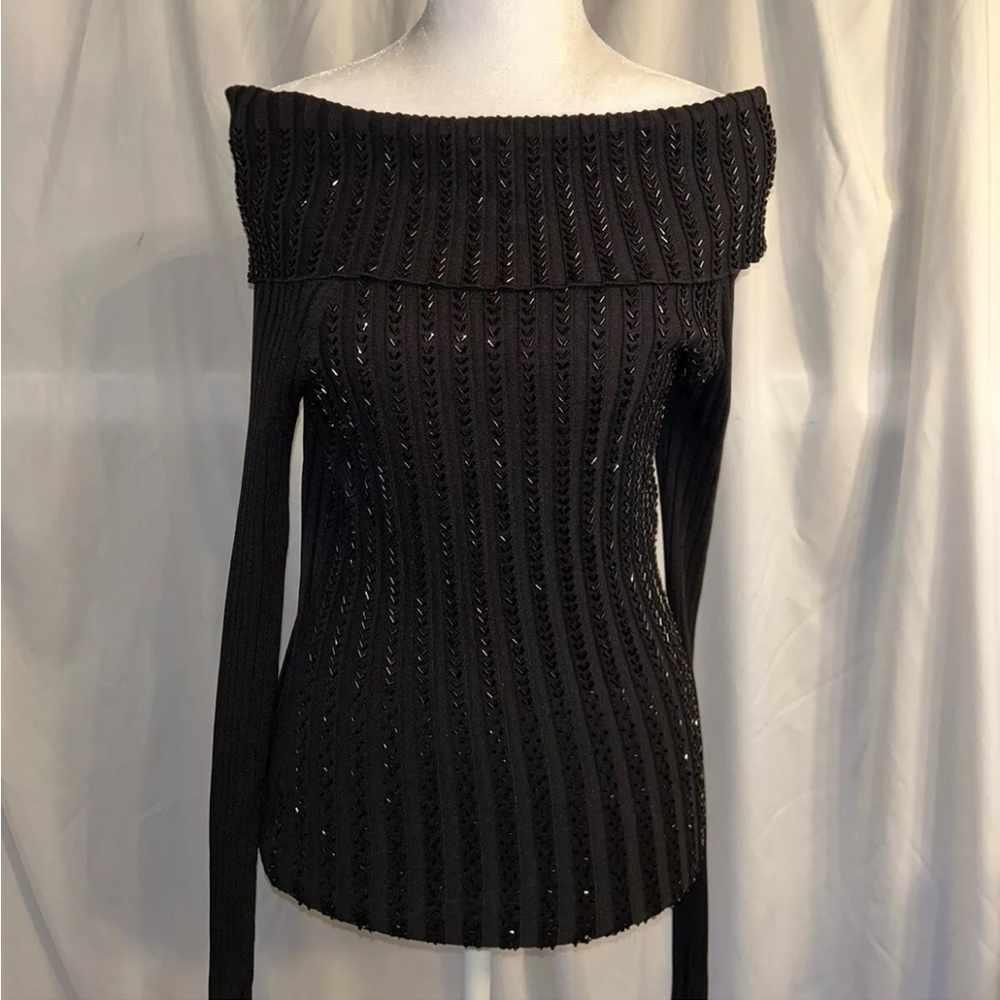 Vintage Cache Embellished Black Bardot Off The Shoulder Sweater Top Size M